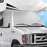 RV Windshield Cover Compatible with Class C Ford E450 1997-2024 Motorhome,Windshield Cover for Ice and Snow RV Front Window Sunshade UV Block 4 Layers with Mirror Cutouts Silver