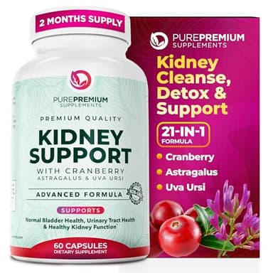 PurePremium Kidney Support Supplement – Kidney Cleanse Detox & Repair with Cranberry Extract & Astragalus - 21-in-1 Complex Supports Normal Bladder, Urinary Tract & Kidneys Health - 60 Day Supply