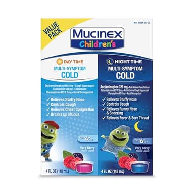 Mucinex Cold & Cough, Children's Multi-Symptom Day/Night Liquid, Very Berry, 8oz (2x4oz) Relieves Nasal & Chest Congestion, Thins & Loosens Mucus, Controls Cough, Reduces Fever, Soothes Sore Throat