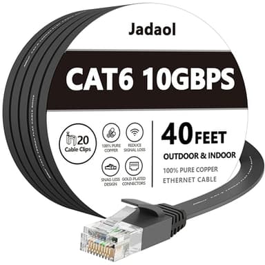 Jadaol Cat 6 Ethernet Cable 40 ft, 10Gbps Support Cat8 Cat7 Network, Flat RJ45 LAN Patch Cable, High-Speed Wired Internet Cable for Router, Modem, Switch, Gaming Consoles, PC, Streaming Devices, Black