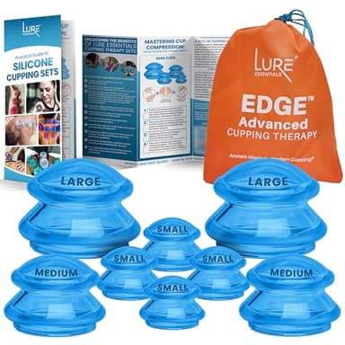 Lure Essentials Edge Silicone Cupping Set, Cupping Kit for Massage Therapy, Long Lasting Cups for Professional & Home Use, Body Sculpt Cup for Cellulite, Ultra Transparent Blue (8 Count)
