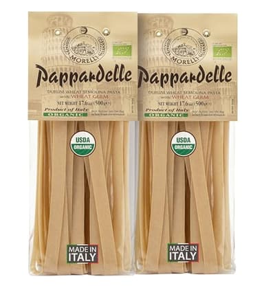Morelli Organic Pappardelle Pasta Noodles Imported from Italy, Made with Italian Durum Wheat Semolina - 17.6 oz (500 g) - Pack of 2
