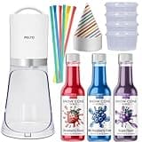 Snow Cone Machine set with 3 Flavors, 25 Cone Cups, 25 Straws, 4 Ice Molds - Strawberry, Blue Raspberry, Grape - Hawaiin Slushie Flavors - Electric Shaved Ice Maker Kit for Kids Birthday Gift Party