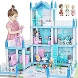 Doll House for Girls 6 7 8 Year Old - 3-Story 6 Rooms Dollhouse with 3 Dolls Light Accessories Furniture and Play Mat, DIY Pretend Dream Dollhouse Toy Gift for Kids (20.5'' x 16'' x 18.7'')