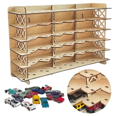 Wood Toy Car Hot Wheels Display Rack, Holds 36 Diecast Cars Model Car Display Case 1/64 Scale Toy Cars Organizer Freestanding or Wall-Mounted Toy Car Storage Cabinet (Wood, Medium)