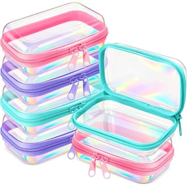 Sanwuta 6 Pcs Clear Hard Zipper Case Plastic Zipper Pouches Transparent Makeup Bag Pencil Case Pouches Toiletry Diaper Bag for Travel Toy Storage Organizer Bins(Holographic,5 x 3 x 2 Inch)