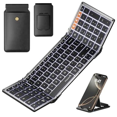ProtoArc Backlit Foldable Keyboard, XK01 Plus Folding Portable Bluetooth Keyboard for Travel, True Full Size External Wireless Keyboards with Backlight for iPad Tablet Smartphone Laptop - Gray