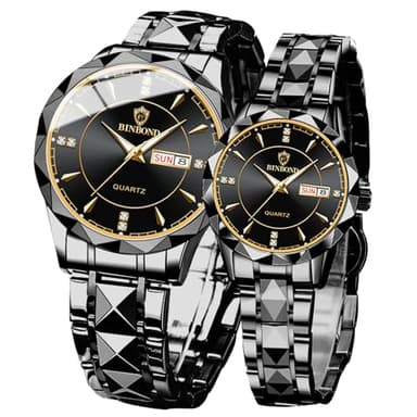 yunanwa Valentines Couple Pair Watches Men and Women Luminous Calendar Waterproof Gold Silver Stainless Steel Quartz Watch Blue Face his and Hers Watches Set Lovers Set of 2 (Black)