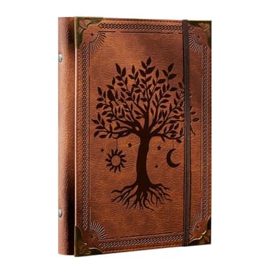 Ovesmusl PU Leather A5 Binder 6 Ring Refillable Journal Cover No Refill Paper A5 Planner Binder Loose Leaf Binder for Notebook 5.7”x8.3” with Elastic Closure, Brown Tree