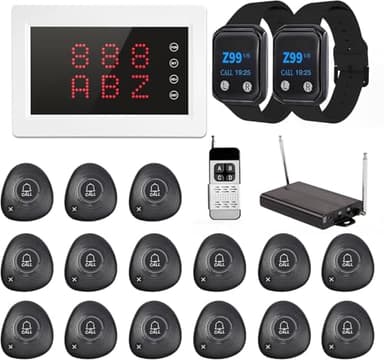 WNKRUN Restaurant Pager System Wireless Calling System 1200+ Feet with 1 Singal Amplifier/1 Display Receiver/2 Watch Pagers/15 Waterproof Call Buttons for Restaurant Cafe Church Clinic Hospital