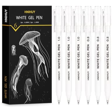 HNIHUY White Gel Pens,1mm, 0.8mm Fine Point Opaque White Archival Ink Pen for Black Paper Drawing, Sketching, Illustration, Bullet Journaling, Pack of 6
