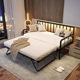 MU Daybed with Trundle Bed, Twin Bed Frame with Charging Station and LED Lights, Metal Sofa Day Bed with Pop Up Trundle and Steel Slat Support for Living Room, Bedroom and Guest Room, Black