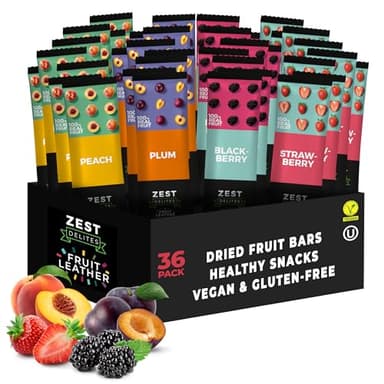 Fruit Snacks by Zest Delites, Fruit Leather, Healthy Snacks for Adults & Kids, Vegan Apple-Based Strips, Dried Strawberry-Peach-Blackberry-Plum Bars, 0.88 oz x 36