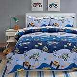 A Nice Night 5Pcs Bed in A Bag Cartoon Cartoon Car Kids Comforter Set Construction Bedding Set, Race Car Motorcycle Truck Pickup Printed, Twin,Dark Blue