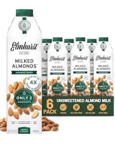 Elmhurst 1925 Unsweetened Almond Milk - 32 Ounce (Pack of 6) Dairy-Free, Vegan, Kosher, No Added Sugar, Shelf Stable Milk Made with Water & Almonds for Healthier, Simpler Plant-Based Alternatives