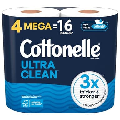 Cottonelle Ultra Clean Toilet Paper, 4 Mega Rolls = 16 Regular Rolls, Packaging May Vary