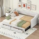 XD Designs Upholstered Daybed with Pop Up Trundle, Twin XL to King Size Linen Upholstery Daybed Sofa Bed with Armrests for Bedroom Guest Room Living Room, Maximize Space (Beige-POK)