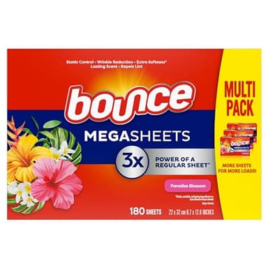 Bounce Mega Dryer Sheets, Paradise Blossom, 180 Count, Mega Fabric Softener Sheets with Static Control, Wrinkle Reduction, Extra Softness, Lasting Scent, Repels Lint
