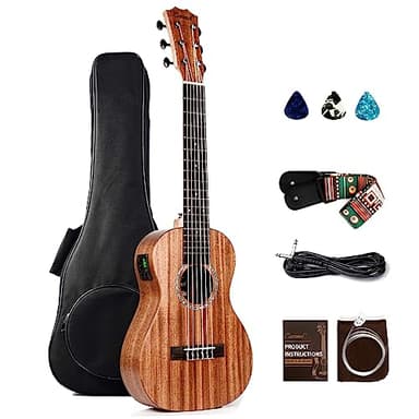Caramel 30 inch All Solid Mahogany 6 String Ukulele Guitalele Wooden LCD color display Electric Guitalele Kit Small Hawaiian Beginner Guitar Starter Pack Bundle Gig bag, Strap,Strings Set