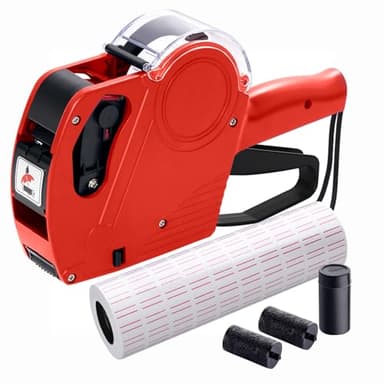 KPX MX5500 Pricing Tag Gun with 5150 pcs White Label Gun Stickers & 3 Extra Inker Rollers, Pricing Label Gun, 8 Digits Retail Pricing Gun and Labels for Grocery Store, Food (Red)