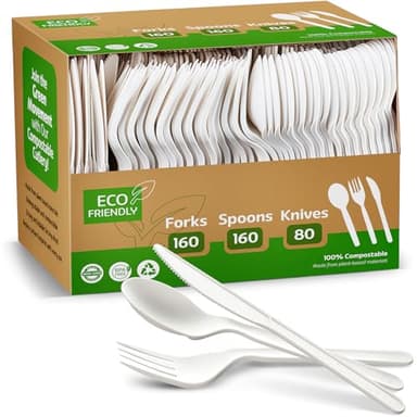 Elegant Disposables 100% Compostable PLA Combo Cutlery Set Disposable Plastic Forks Spoons Knives 400 Pcs Biodegradable Utensils
