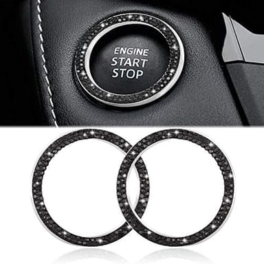 WINKA 2pcs Bling Car Engine Start Button Cover Diamond Crystal Push Start Stop Button Ring Sparkly Bling Ignition Button Cover Rhinestone Keyless Ignition Ring Universal Car Accessories (Black)