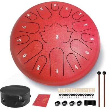 Red Steel Drum - 15 Note 12 Inch Steel Tongue Drum - Handpan Drum Music Book, Rain Drums Mallet, and Carry Bag