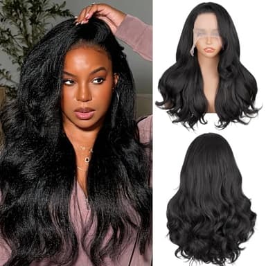 Cemuto Light Yaki Body Wave Wigs 13x6 Synthetic HD Transparent Invisible Lace Front Wig Double Texture Kinky Straight and Body Wave as Human Hair 180% Density 22inch Nature Black