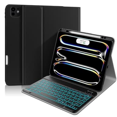 PIMOFEE Keyboard Case for iPad Pro 11" (M4, 5th Generation 2024) Model A2836 A2837 A3006, 7 Colors Backlit Wireless Detachable Folio Keyboard Type-C Keyboard Cover with Pencil Holder (Black)﻿