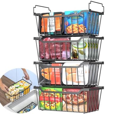Goovilla Freezer Organizer Bins with Foldable Handle, 4 Pack Stackable Freezer Baskets for 3.5-7 Cu.FT Deep Chest Freezer Organization, Coated Metal Freezer Storage Bins with Better Space Utilization