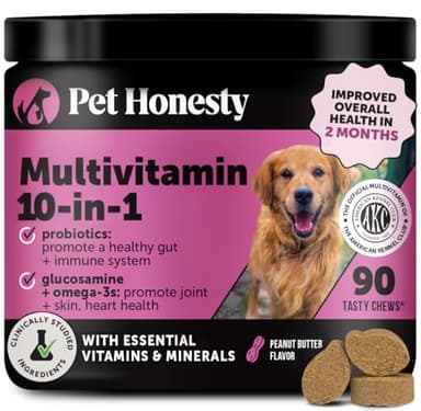 10-in-1 Dog Multivitamin Supplement with Glucosamine & Probiotics - Hip & Joint Support, Digestive Health, Immune Support, Heart & Skin - All-in-One Daily Vitamins & Omega-3s (Peanut Butter, 90 ct)
