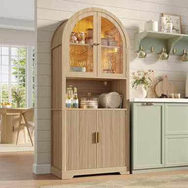 Maupvit 70" Tall Arched Wine Bar Cabinet with LED Light, Fluted Coffee Bar Cabinets with Stemware Rack, Kitchen Pantry Cupboard with Glass Doors, Liquor Cabinet for Home, Dining Room (Nature)
