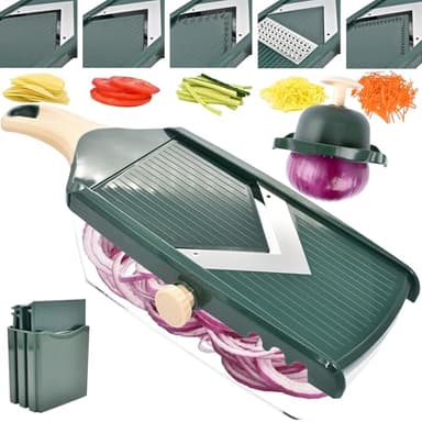 NACOLUS Adjustable Mandoline Slicer for Kitchen - Ultra Sharp V-Blade with Container, Julienning Slicer for Potatoes, Apples, Onions, Tomatoes