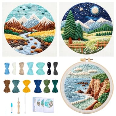 BEUNITONE 3PCS Landscape Punch Needle Kit for Adults Beginners, Complete Craft Kit Needlepoint Kits for Adults with Hoop, Punch Needle Starter Craft Set for Cloth Festival Gift and Home Decor 20X20CM
