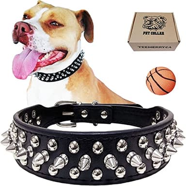 TEEMERRYCA Adjustable Microfiber Leather Spiked Studded Dog Collars with a Squeak Ball Gift for Small Medium Large Pets Like Cats/Pit Bull/Bulldog/Pugs/Husky, Black, L(15"-18.5")