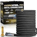 HYDROSTEEL PRO 3x Layer Metal Garden Hose 50 Ft with Nozzle, Stainless Steel Metal Water Hose 50 Ft, Heavy Duty, Flexible, Lightweight, Crush Kink Resistant, 50 Ft Garden Hose, 500 PSI AS SEEN ON TV