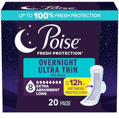 Poise Overnight Ultra Thin Incontinence & Postpartum Pads with Wings for Bladder Leaks, 8 Drop Extra Absorbent, Long Length, 20 Count