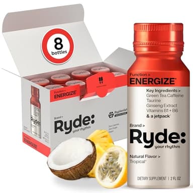 Ryde: Energy Shot, 0 Calories, 0 Sugar, Green Tea Caffeine, Taurine, Ginseng Extract & B Vitamins, 2 FL OZ Shots, Tropical Flavor, Boosts energy (8 Pack)