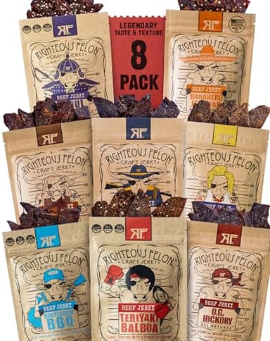 Righteous Felon Beef Jerky Variety Pack - Beef Jerky Gift for Father's Day - Gluten Free Beef Jerky Snack Packs - High Protein, Keto, Low Sugar - Gifts for Men - Sampler 8 Pack