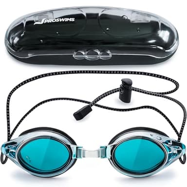 Proswims Anti-Fog Racing Swimming Goggles Blue Lens with Quick Adjustable Elastic Bungee Strap, Hard Case and Bonus Swim Goggles Microfiber Cleaning Cloth