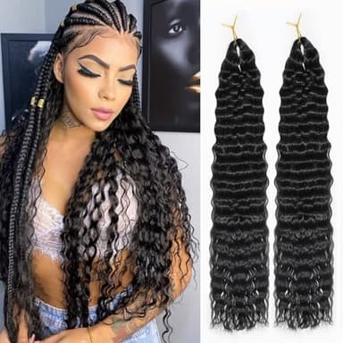 Ocean Wave Crochet Hair 24 Inch 2 Packs Deep Wave Curly Braiding Hair Extensions Synthetic Curly Crochet Hair For Black Women(24inch, 2pack, 1b)