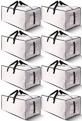 HOMESURE 8 Pack Large Strong Moving Bags with Zippers & Carrying Handles - Water-Resistant - Heavy Duty Storage Tote for Space Saving, Fold Flat, Alternative to Moving Box (Semi-Transparent)