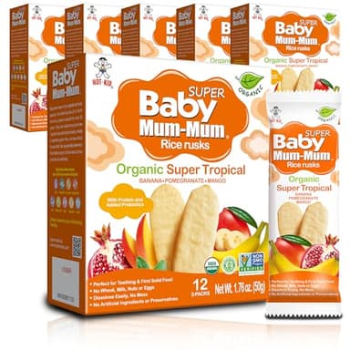 Baby Mum-Mum Organic Gentle Teething Crackers, Super Tropical | 24 Count (Pack of 6) | Gluten Free, Allergen Free, Non-GMO | Baby Snacks, Teether Relief Rice Rusk Cookies for Babies