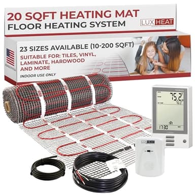 LuxHeat 20sqft Floor Heating Mat Kit - 120v in Floor Heating System - Complete Electric Radiant Heated Flooring System Includes Alarm, UDG Programmable Thermostat w/GFCI & Flooring Sensor