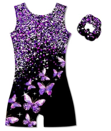 Vogseek 7-8 Years Girl's Gymnastics Leotards with Hair Scrunchie Girl Sparkle Dance Unitards Purple Butterfly's Glitter Active Biketards with Shorts for Kid Cute Tumbling Dance Outfit, Black