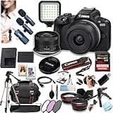 Canon EOS R50 Mirrorless Camera with 18-45mm Lens + 128GB Extreme Memory, Wireless Lavalier Microphones, Lenses, Filters, Case, Tripod, Flash, Software, and More (Content Creator Bundle) (Renewed)