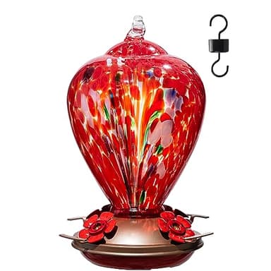 LaElvish Garden Gifts for Mom 34OZ Hand Blown Glass Hummingbird Feeders for Outdoors Hanging, with Ant Moat Humming Bird Feeders, Porch Backyard Decor Gifts for Women (Floral Balloon)
