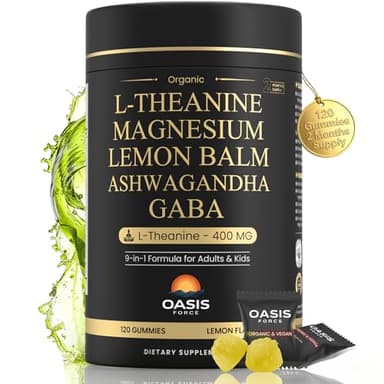 L-Theanine 400mg Gummies, L Theanine Supplement for Kids & Adults with Magnesium Glycinate, GABA, Ashwagandha, L'theanine Chewable for Restful Sleep, Stress Support, Relaxation, Calm, 60 Day Supply