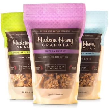 Hudson Henry Granola Trio Delight for Yogurt, Snacking & Cereal | Maple Pecan, Cashew Coconut & Pistachio Almond Granola | Gluten Free, Non-GMO, Small Batch Baked | 3 Pack (12 oz Bags)