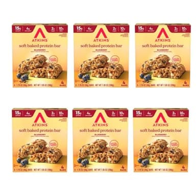 Atkins Soft Baked Protein Bars, Blueberry, 15g Protein, 4g Net Carbs, 2g Sugar, Excellent Source of Fiber, High in Protein, 6 Packs (4 Bars Each)